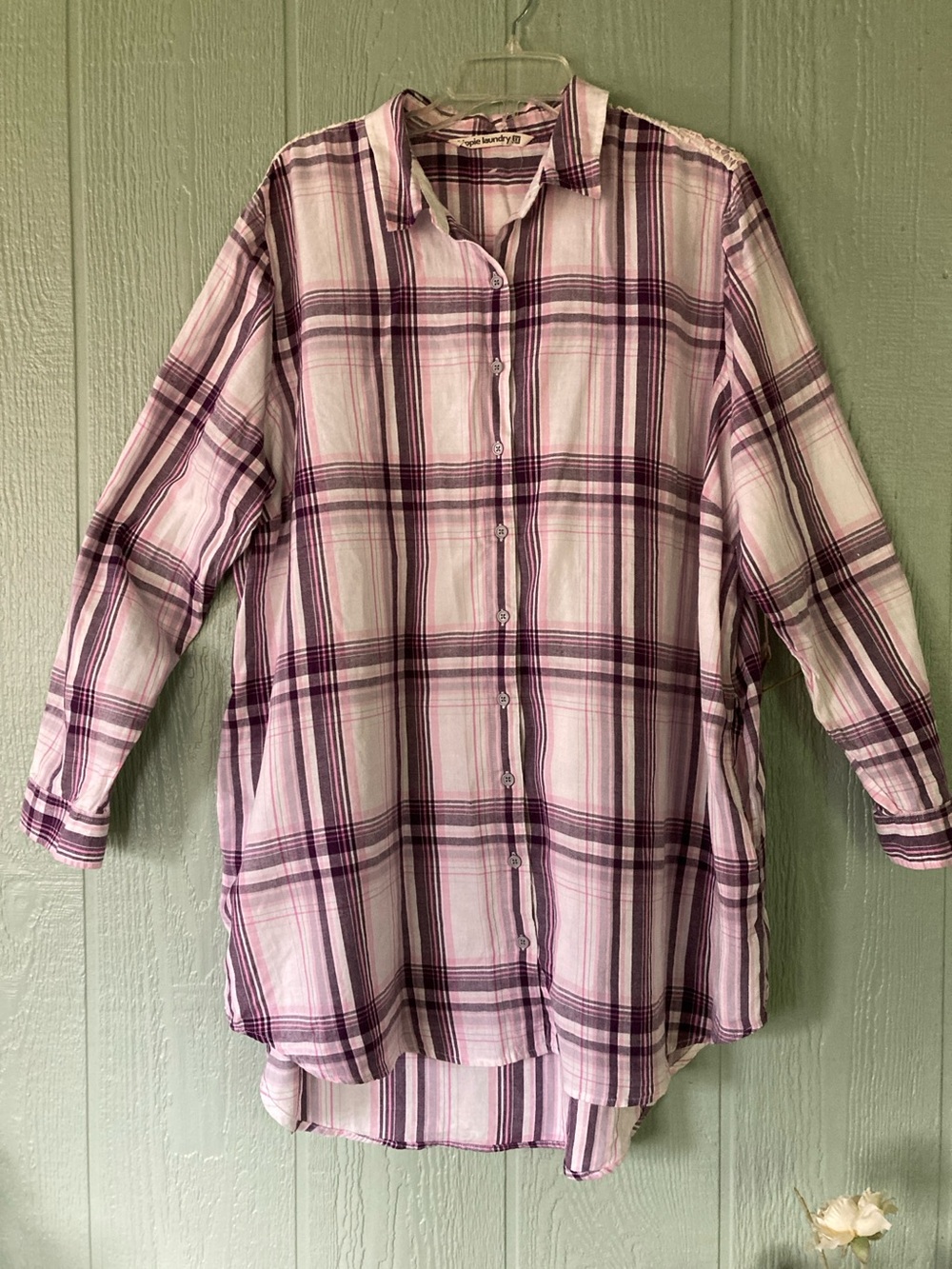 New Hippie Laundry 3X plaid hi low long sleeve dress crochet accent